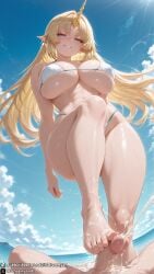 1girls ai_generated barefoot beach big_breasts bikini bikini_bottom bikini_top blonde_female blonde_hair blue_eyes breasts clenched_teeth cum cum_on_feet curvy curvy_body curvy_female dreamyan_ai elf elf_ears elf_female elf_girl excessive_cum feet fleurdelys_(wuthering_waves) foot_fetish foot_focus footjob from_below hi_res high_quality high_resolution highres horn huge_breasts large_breasts leg_up long_hair looking_at_viewer looking_down male_pov micro_bikini penis pointy_ears pov seductive seductive_eyes seductive_look seductive_mouth seductive_pose seductive_smile single_horn size_difference smile smiling standing tall_female taller_female thick_ass thick_thighs thighs toes uncensored very_long_hair wuthering_waves yellow_hair