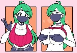 female female_only green_hair jam-orbital large_breasts mask red_topwear tagme tops_(jam-orbital)