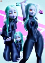 3d arms_up blue_hair bodysuit curvy cyberpunk:_edgerunners cyberpunk_2077 inviting mikadawn no_artist_signature no_source purple_skin rebecca_(edgerunners) tight_clothing