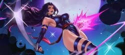1girls betsy_braddock big_breasts busty curvy female katana light-skinned_female light_skin marvel marvel_comics mutant psylocke purple_eyes purple_hair rgate superheroine sword thighs tight_clothing x-men