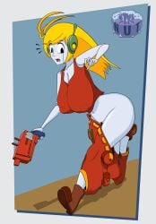 2021 big_ass big_breasts big_nipples blonde_hair curly_brace headpiece holding_weapon looking_down polynut robot running surprised wardrobe_malfunction