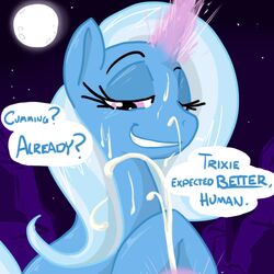 2012 blue_hair blush cum cum_on_face cumshot english_text equine female friendship_is_magic hair horn horse long_hair magic male my_little_pony orgasm pony purple_eyes reiduran smile straight text trixie_(mlp) unicorn