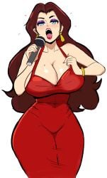 1girls bare_shoulders big_breasts blue_eyes blush bracelet breasts brown_hair cleavage dress earrings eyeshadow female jewelry large_breasts lipstick long_dress long_hair makeup mario_(series) microphone nintendo open_mouth pauline purple_eyeshadow red_dress red_lipstick red_nails shock_and_roll sleeveless sleeveless_dress solo sweat tongue