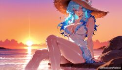 ai_generated balecxi blue_eyes blue_hair blue_nails cleavage female hair_between_eyes large_breasts long_hair looking_at_viewer sitting solo straw_hat sunset the_shorekeeper_(wuthering_waves) thighs water wet white_dress wuthering_waves
