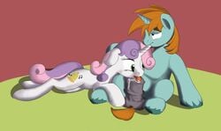 balls cum cutie_mark equine female friendship_is_magic green_eyes hair horn horse licking male my_little_pony pony purple_hair smooth_skin snips_(mlp) sucking sweetie_belle_(mlp) tongue two_tone_hair unicorn young