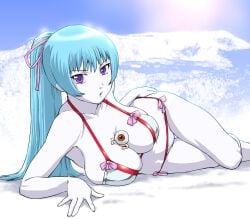 1boy 1girls aoi_(gegege_no_kitarou) between_breasts big_breasts bikini blue_hair breast_squish cleavage eyeball eyeball_head female female_focus gegege_no_kitarou gegege_no_kitarou_5 hair_ribbon light_blue_hair long_hair looking_at_viewer make medama_oyaji miniboy on_side purple_eyes size_difference solo_focus ueyama_michirou white_body white_skin wide_hips youkai yuki_onna