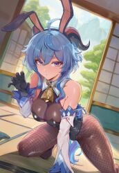 ahoge ai_generated all_fours animal_ears bare_shoulders bell black_gloves black_leotard blue_hair blush bodystocking breasts claw_pose cleavage cowbell detached_sleeves fake_animal_ears female fishnet_pantyhose fishnets ganyu_(genshin_impact) genshin_impact gloves goat_horns hair_between_eyes hikari406 horns indoors kneeling large_breasts leotard long_hair looking_at_viewer medium_breasts neck_bell no_shoes pantyhose playboy_bunny purple_eyes rabbit_ears sidelocks solo tatami thighs uncensored