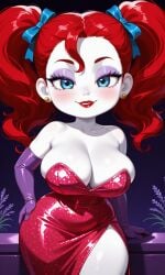 1female 1girls ai_generated big_breasts blue_bow blue_eyes blue_ribbon blush bow bow_ribbon breasts cleavage curly_hair dress earrings eyelashes eyeshadow female female_focus female_only freckles freckles_on_face gloves gold_earrings hair hair_ribbon hand_on_hip hips jessica_rabbit_(cosplay) lavender_eyeshadow lips lipstick looking_at_viewer opera_gloves pixai poppy_(poppy_playtime) poppy_playtime purple_gloves red_hair red_lips red_lipstick ribbon ribbons seductive seductive_eyes seductive_look seductive_pose seductive_smile sequin_dress short_stack shortstack smile smiling smiling_at_viewer strapless strapless_dress thick_thighs thighs twintails twintails urikoito white_body white_skin who_framed_roger_rabbit wide_hips