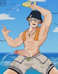 1boy _thighs abs alternate_costume bara beach cum cumming erection green_eyes grey_hair hair_between_eyes hat jewelry large_pectorals looking_at_viewer male male_focus male_pubic_hair male_swimwear muscular navel nipples official_alternate_costume open_mouth outdoors pectorals penis pubic_hair sea short_hair shorts sky smile solo summer thick thighs uncensored veins veiny_penis water water_gun wise_(zenless_zone_zero) yaotashi zenless_zone_zero