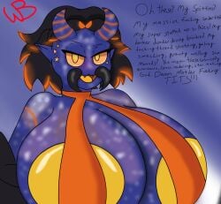 1girls 2025 arachne areola_slip areolae black_hair blue_skin bra breasts breasts_bigger_than_head breasts_bigger_than_torso chelicerae colossal_breasts cosmic_skin demon demon_girl demon_horns fangs female glowing glowing_hair highlights_(coloring) horns huge_breasts khali_(spider) large_areolae massive_areolae meme_reference milf orange_eyes orange_highlights orange_sclera short_hair solo spider spider_girl starry_eyes text wungobungo