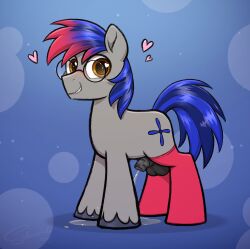 absurd_res aerial_ace animal_genitalia animal_penis balls blue_hair blush bodily_fluids brown_eyes clothing earth_pony equid equine equine_genitalia equine_penis eyewear fetlocks footwear friendship_is_magic fur genital_fluids genitals glasses grey_body grey_fur hair hair_dye hasbro heart_symbol hi_res horse looking_at_viewer male mammal my_little_pony peeing peeing_on_ground penis penis_tip pony red_clothing red_footwear red_socks selenophile simple_background socks solo urine urine_on_ground