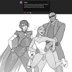 1female 2boys ahe_gao anal armband bayonetta bayonetta_(character) bracelet bracelets cape cereza coat cocktail_dress collar dominatrix dreadlocks dress earrings ebony female femboy from_behind gay gay_sex girly grabbing_hips high_heels lifted_by_another lifted_by_penis loki_(bayonetta) male manhandled penis rodin_(bayonetta) sex sissy skimpy skimpy_dress spread_legs standing standing_sex stockings stomach_bulge sunglasses thick_lips tube_dress watching white_hair yaoi