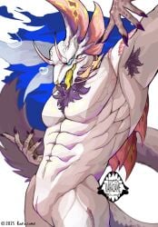 abs animal_genitalia anthro armpit_hair barazoku body_hair claws dragon genital_slit genitals karazame male mythological_creature mythological_scalie mythology navel scalie solo tail teeth tongue tongue_out