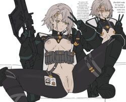1girls a_dumb_witch anus boots breasts collage double_peace_sign female firearm frown girls'_frontline girls'_frontline_2:_exilium grey_hair gun id_card jacket peace_sign pussy shadowed_face short_hair sitting solo tactical_gear text tomboy tough_girl vector_(girls'_frontline) yellow_eyes