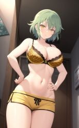 1girl ai-created ai_generated animal_print bangs bare_arms bare_shoulders black_bra black_clothes black_underwear blush bow_bra bow_underwear bra breasts clavicle cleavage closed_mouth clothing female green_hair groin hair_between_eyes hands_on_hips hands_on_own_hips high_resolution hikage_(senran_kagura) indoors lace lace-trimmed_bra lace_trim large_breasts looking_at_viewer midriff navel pantsu pixiv rena_aikawa_(pixiv_user) senran_kagura short_hair short_shorts shorts slit_pupils solo standing stomach tensor_art thigh_gap thighs underwear underwear_only yellow_bra yellow_eyes yellow_shorts yellow_underwear