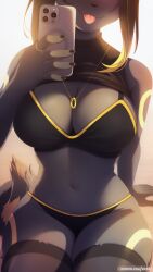 anthro big_breasts black_fur breasts clothed clothes clothing eeveelution eipril female fur phone pokémon_(species) pokemon pokemon_(species) selfie solo solo_female thick_thighs umbreon wide_hips