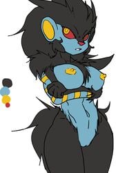 2012 breasts female luxray nipples nude plain_background pokemon pokemon_(species) pokemorph pussy red_sclera reiduran solo white_background yellow_eyes