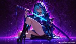 ai_generated balecxi black_footwear breasts choker female glowing high_heel_boots high_heels holding holding_sword holding_weapon japanese_clothes katana kimono lace-up_boots looking_at_viewer one_eye_closed purple_eyes sheath sitting solo sword the_shorekeeper_(wuthering_waves) thighs unsheathing weapon wuthering_waves