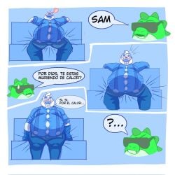 anal anal_vibrator bara big_breasts blissful_expression brawl_stars breasts buzz_(brawl_stars) chubby duo fat furry gay huge_breasts inserted insertion makjhus male massive_breasts masturbation moaning obese open_mouth pleasure_face sam_(brawl_stars) sex_toy sitting solo spanish_text sweating text thick_thighs vibrator