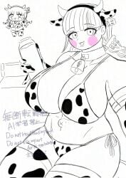 cow_girl cow_print cowbell huge_breasts large_breasts milk moko_mojiro the_hundred_line_-last_defense_academy- thick_thighs