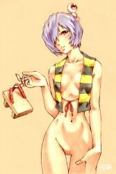 1boy 1girls alternate_costume barbie_doll_anatomy blush bottomless cosplay female female_focus gegege_no_kitarou geta hair_over_one_eye hanten_(clothes) kitarou kitarou_(cosplay) kotatsu-spirit looking_at_viewer male medama_oyaji miniboy mostly_nude neon_genesis_evangelion no_bra no_panties red_eyes rei_ayanami short_hair small_breasts solo_focus thigh_gap vest white_hair
