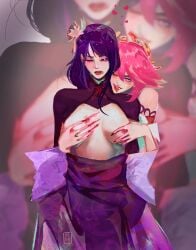2girls absurdres black_shrug blood blood_in_mouth blood_on_tongue breasts breasts_out cowboy_shot fangs fingernails genshin_impact grabbing_another's_breast groping hair_ornament highres injury japanese_clothes kimono lipstick long_hair makeup medium_breasts mole mole_under_eye multiple_girls nontraditional_miko one_eye_closed pink_eyes pink_hair purple_eyes purple_hair purple_kimono raiden_shogun red_eyes red_lips sharp_fingernails shrug_(clothing) smeared_lipstick standing tongue tongue_out twitter_username yae_miko yeysoup yuri