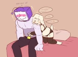 addison_(deltarune) androgynous bed brothel bulge bulge_through_clothing cl0ckability deltarune digital_media_(artwork) imminent_sex lingerie long_nose oc sex_worker shirtless size_difference tenna_(deltarune) tv_head