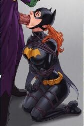1boy 1boy1girl 1girls ai_generated barbara_gordon batgirl batman_(series) blowjob bondage dc dc_comics deepthroat fellatio female joker kranmars2024 latex male mask tied_up