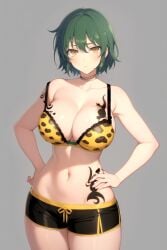 1girl ai-created ai_generated animal_print bangs bare_arms bare_shoulders bikini black_choker black_shorts black_trim blush boyshort_panties boyshorts bra breast_tattoo breasts choker clavicle cleavage closed_mouth clothing earrings female female_only green_hair groin hair_between_eyes hand_on_hip hands_on_hips hands_on_own_hips high_resolution hikage_(senran_kagura) jewelry large_breasts leopard_print looking_at_viewer medium_breasts midriff navel pantsu pixiv rena_aikawa_(pixiv_user) senran_kagura short_hair short_shorts shorts skindentation smile solo standing stomach strap_slip tattoo tensor_art thigh_gap thighs underwear underwear_only yellow_bra yellow_eyes yellow_trim yellow_underwear