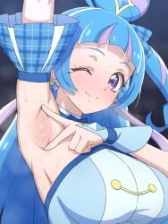 aged_up aokaze_nana arm_up armpits arms_up big_breasts cure_wink flashing flashing_armpit kimi_to_idol_precure precure pretty_cure sfw sweat sweaty tedain wink winking winking_at_viewer