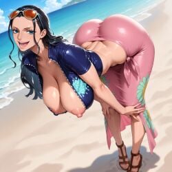 2025 ai_generated ass beach beach_background bending_forward bent_forward big_ass blue_sky blue_sky_background breasts breasts_bigger_than_head curvy curvy_female curvy_figure dark_hair female female_focus female_only hanging_breasts huge_breasts large_breasts light-skinned_female light_skin massive_breasts nico_robin one_piece posing ps-ai solo solo_female solo_focus thick_thighs thin_waist voluptuous voluptuous_female