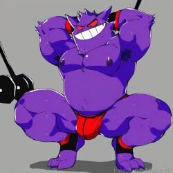 ai_generated armpit armpit_hair armpits arms_behind_head arms_up big_bulge bulge bulge_through_clothing evil_grin fit gengar gym gym_clothes looking_at_viewer muscular pokemon pokemon_(species) pokephilia squatting tight_clothing workout workout_clothes