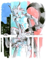 2boys anal anthro ass bent_over cum cum_outside feline fur furry gay green_eyes grey_fur lynx male male_only raccoon sanssouci sex