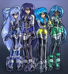 4girls blue_hair erkal0 female female_only fully_clothed glasses gloves high_heels latex latex_clothing latex_gloves multiple_girls shiny_clothes simple_background standing tight_clothing very_high_heels wedge_heels