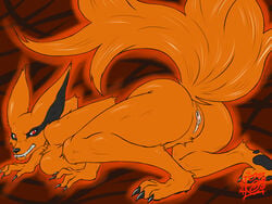 all_fours anthro anthro_only ass big_ear black_nose breasts canine claws fangs female female_kurama_(naruto) fox genderswap hindpaw kurama kyuubi looking_at_viewer mrbowater multiple_tails naruto paws presenting pussy red_eyes rule_63 slit_pupils solo spreading teeth