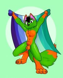 abs animal_genitalia anthro athletic athletic_anthro athletic_male balls black_hair canid canine canine_genitalia cheek_tuft facial_tuft fox fully_sheathed fur genitals green_background green_body green_fur hair hi_res lgbt_pride lgbt_pride_month male mammal mlm_flag muscle_tone nude orange_body orange_fur pecs pride_color_flag sheath simple_background smile tuft vincian_pride_colors wide_eyed xing1