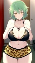 1girl ai-created ai_generated animal_print bangs bare_shoulders black_bra black_clothes black_panties black_underwear blush bra breast_tattoo breasts choker clavicle cleavage closed_mouth clothing female green_hair hair_between_eyes hands_on_own_chest high_resolution hikage_(senran_kagura) huge_breasts indoors large_breasts leopard_print looking_at_viewer navel pantsu pixiv rena_aikawa_(pixiv_user) senran_kagura short_hair short_shorts shorts slit_pupils smile solo standing stomach tattoo tensor_art thighs underwear yellow_eyes yellow_shorts