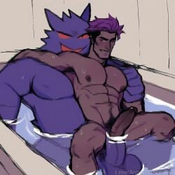 ai_generated bath bathing bathroom bathtub bathtub_sex blush dominant domination domination/submission evil_grin gay gay_anal gay_domination gay_sex gengar huge_cock pokemon pokemon_(species) pokemon_trainer pokephilia riding riding_penis