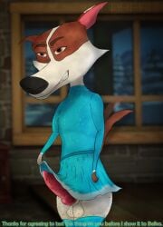 absurd_res animal_genitalia animal_penis anthro balls big_balls big_penis blue_clothing brown_body brown_eyes brown_fur canid canine canine_genitalia canine_penis clothing dialogue dress dress_up female fur futanari genitals hi_res human intersex looking_at_viewer mammal multicolored_body multicolored_fur penis smile smiling_at_viewer solo space_dogs strelka tail tail_motion tailwag talking_to_viewer teasing thick_thighs udbebu white_body white_fur