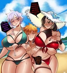 1boy 2girls 2girls1boy beach big_ass big_breasts bleach bleach:_the_thousand-year_blood_war bleach_brave_souls blush blush color embarrassed english ichigo_kurosaki kotetsu_isane light-skinned_female light-skinned_male long_hair muscular_male orange_eyes rajnsfws recording shonen_jump short_hair swimsuit text text_bubble unohana_retsu