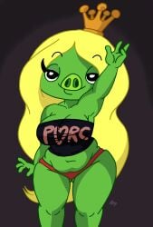 1girls angry_birds anthro blonde_hair breasts chubby chubby_female clothed clothes clothing crown curvy curvy_female cute female furry furry_female green_skin hand_on_head humanoid legs looking_at_viewer pig princess rovio rovio_entertainment seductive smile smiling smiling_at_viewer solo solo_female string_panties thighs