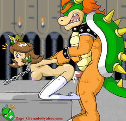 arched_back arms_held_back bent_over big_breasts bondage bowser breasts brown_hair chains collar crown cum cum_in_pussy cum_inside doggy_style enslaved_royal female green_shell head_back horns human interspecies koopa male mario_(series) nintendo nipples nude on_knees penis princess princess_daisy prison_guard_position rage_grenade rape restrained royalty sex sex_slave shell slave socks spiky_shell super_mario_bros. thighhighs vaginal_penetration video_games white_socks wrist_grab