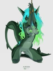 2025 3:4 anthro areola arm_fin arm_markings athletic athletic_anthro athletic_female aurora_(kamikazekit) belly black_harness black_sclera bondage bound breasts captured chained chains clothed clothing collar cuff_(restraint) curvy_figure ear_piercing erect_nipples female fin fin_markings fin_piercing fish furgonomics furry-specific_piercing genitals green_body green_eyes green_skin hair hale. hands_above_head harness hi_res hip_markings hourglass_figure inner_thigh kneeling leg_markings leg_muscles looking_at_viewer marine markings medium_breasts messy_hair midriff multicolored_hair multicolored_markings narrowed_eyes navel nipples no_underwear non-mammal_breasts nude one_eye_obstructed piercing restraints shark shoulder_markings simple_background small_waist solo spread_legs spreading tail tail_fin vulva wide_hips wrist_cuffs wrists_together
