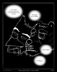 2025 absurd_res anthro avian beak bird black_background bodily_fluids border canid canine canis comic darkness dialogue domestic_dog drooling duo eye_bags facial_scar greyscale hi_res maccaw_(sharkinthepark) macleish_(sharkinthepark) male mammal markings monochrome owl saliva scar sharkinthepark simple_background speech_bubble vacant_eyes vacant_stare water wet whisker_markings worried worried_look