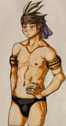 anatomy_studies armband canonically_dead dragon dragon_boy dragon_marked_for_death empress's_fiance_(dmfd) headband inti_creates mirumiwuad pointy_ears smile spiky_hair traditional_media_(artwork) white_hair yellow_eyes