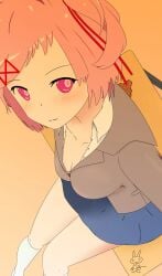 1girls blue_skirt breasts cleavage clothed clothed_female desk doki_doki_literature_club natsuki_(doki_doki_literature_club) pink_eyes pink_hair skirt 幻舟_(pixiv_user_id_91288026)