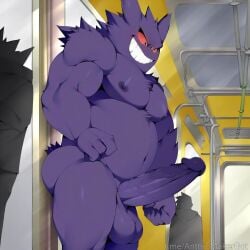 ai_generated background_characters chubby evil_grin gengar huge_cock pokemon pokemon_(species) pokephilia proud_of_his_cock public public_nudity subway subway_train tall