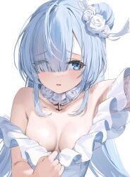 absurdres arm_up azur_lane bare_shoulders blue_eyes blue_hair blush breasts byx detached_collar dress embarrassed female flower frilled_dress frills hair_bun hair_flower hair_ornament hair_over_one_eye highres janus_(azur_lane) janus_(oath_under_the_morning_sun)_(azur_lane) long_hair looking_at_viewer medium_breasts official_alternate_costume simple_background solo upper_body wedding_dress white_background white_dress
