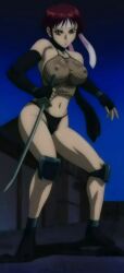 big_breasts headband kikyo_(the_last_kunoichi) kunoichi_bakumatsu_kitan netting red_hair screenshot stitched sword the_last_kunoichi underwear