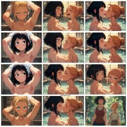ai_generated bathhouse black_eyes black_hair blonde_hair boobylover25 green_eyes larger_female lesbian_kiss love smaller_female smile smiling teasing yuri